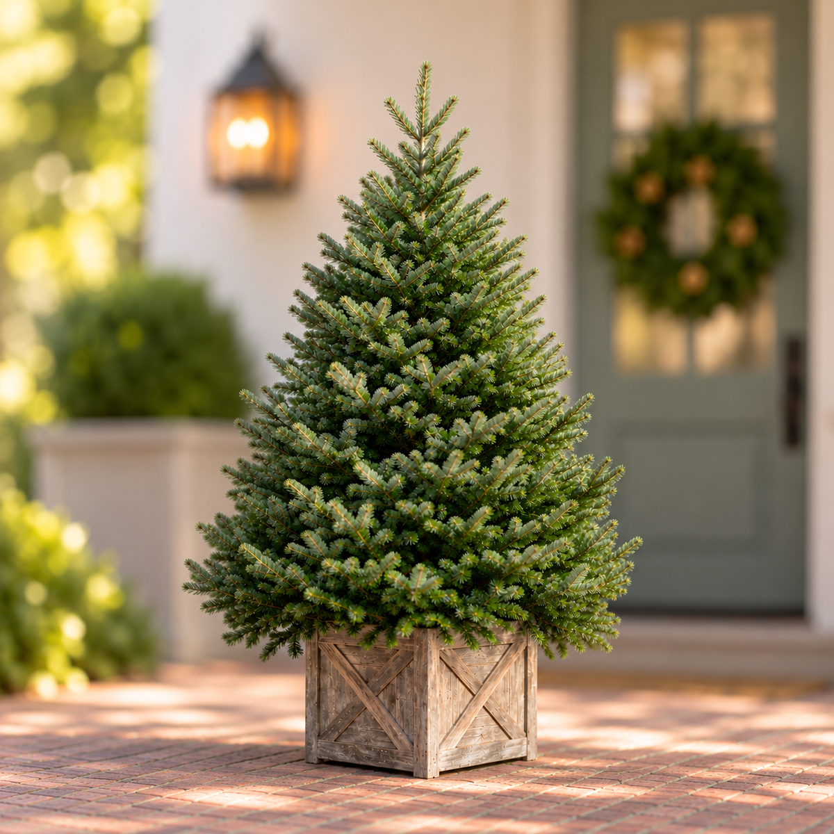 A potted Fearrington Village Fraser Fir Christmas tree in a wooden crate sits on a brick patio in front of a front door adorned with a wreath.