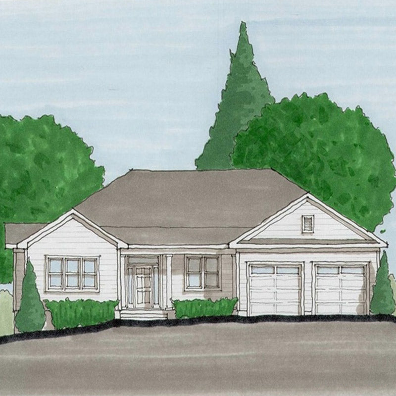 A simple, single-story house with light-colored siding, two front-facing garage doors, bushes along the front, and large green trees in the background.