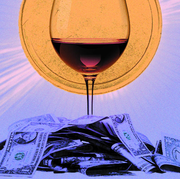 A glass of red wine stands atop a pile of scattered US dollar bills, with a glowing golden circle in the background, creating a dramatic and luxurious atmosphere.