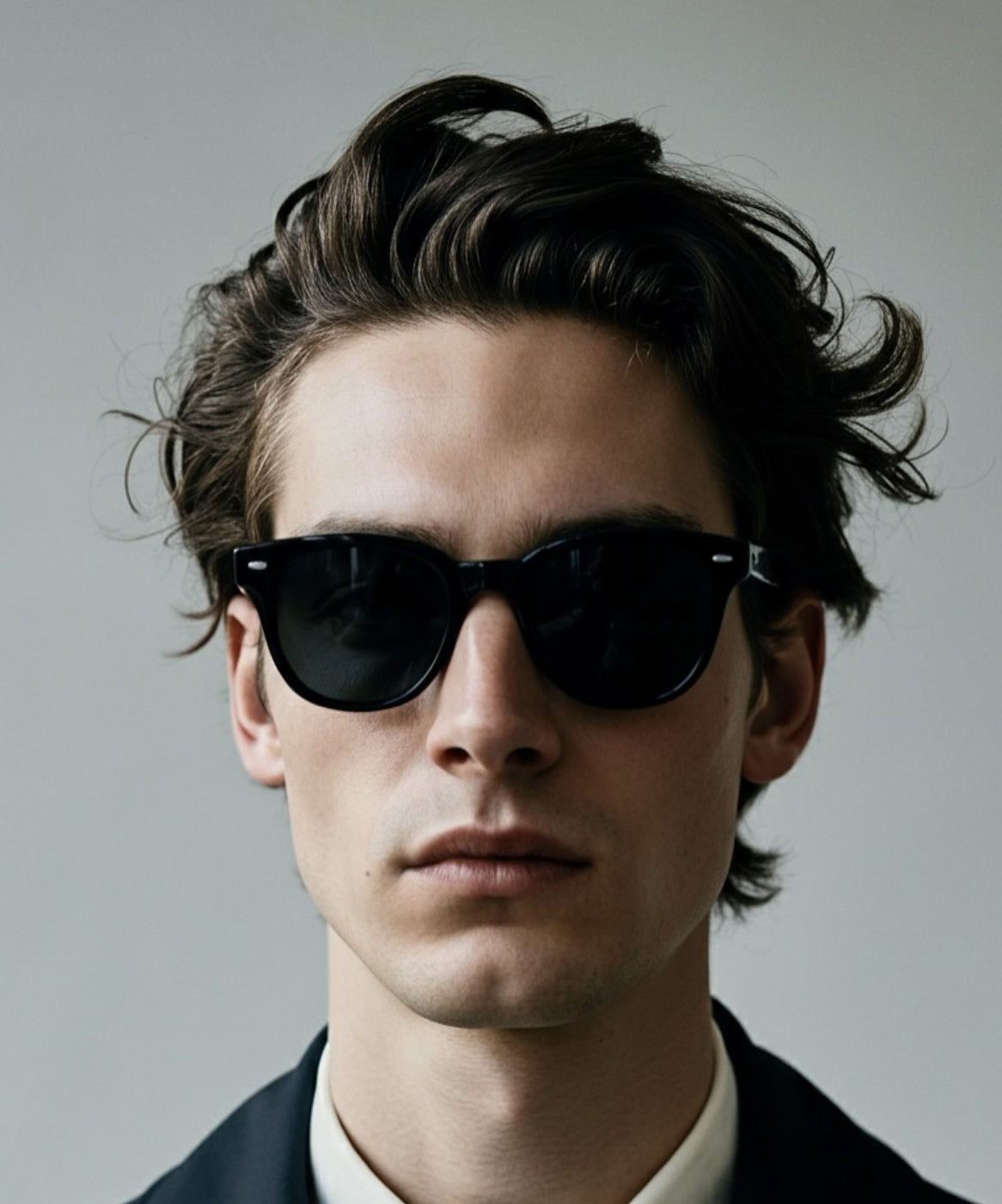 A young man with wavy brown hair wearing black sunglasses and a dark blazer over a collared shirt, looking directly at the camera with a neutral expression against a plain background.