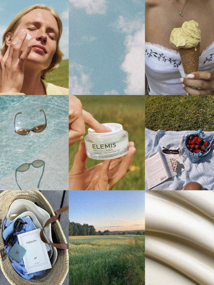 A collage of nine summer-themed images: a woman applying skincare, blue sky with clouds, an ice cream cone, sunglasses in a pool, a jar of Elemis cream, a picnic with a book and berries, a straw hat with books and perfume, a sunny field, and white satin fabric.
