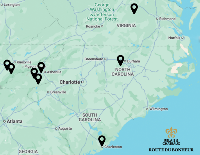A map of the southeastern United States shows location pins in Virginia, North Carolina, Tennessee, and South Carolina, with a "Relais & Chateaux Route du Bonheur" logo in the bottom right corner.