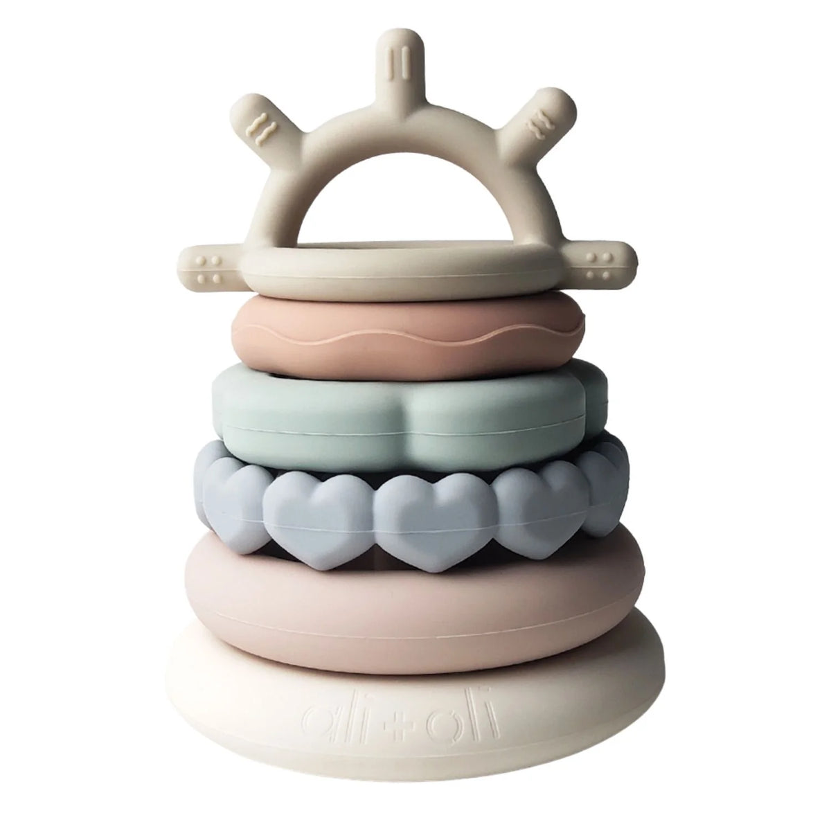 Introducing the SILICONE SUN STACKING RING TOWER from ALI + OLI: a set of BPA-free silicone stacking rings in soft pastel hues. The rings come in various shapes and textures, including hearts, and feature a sun-shaped topper on a sturdy base. This baby development toy is designed to promote motor skills and creativity.
