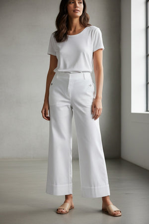 A mannequin wears the SPANX STRETCH TWILL CROPPED PANT—high-waisted, white, straight-leg pull-on style with side flap pocket and button, featuring hidden tummy shaping—shown in profile on a plain white background.
