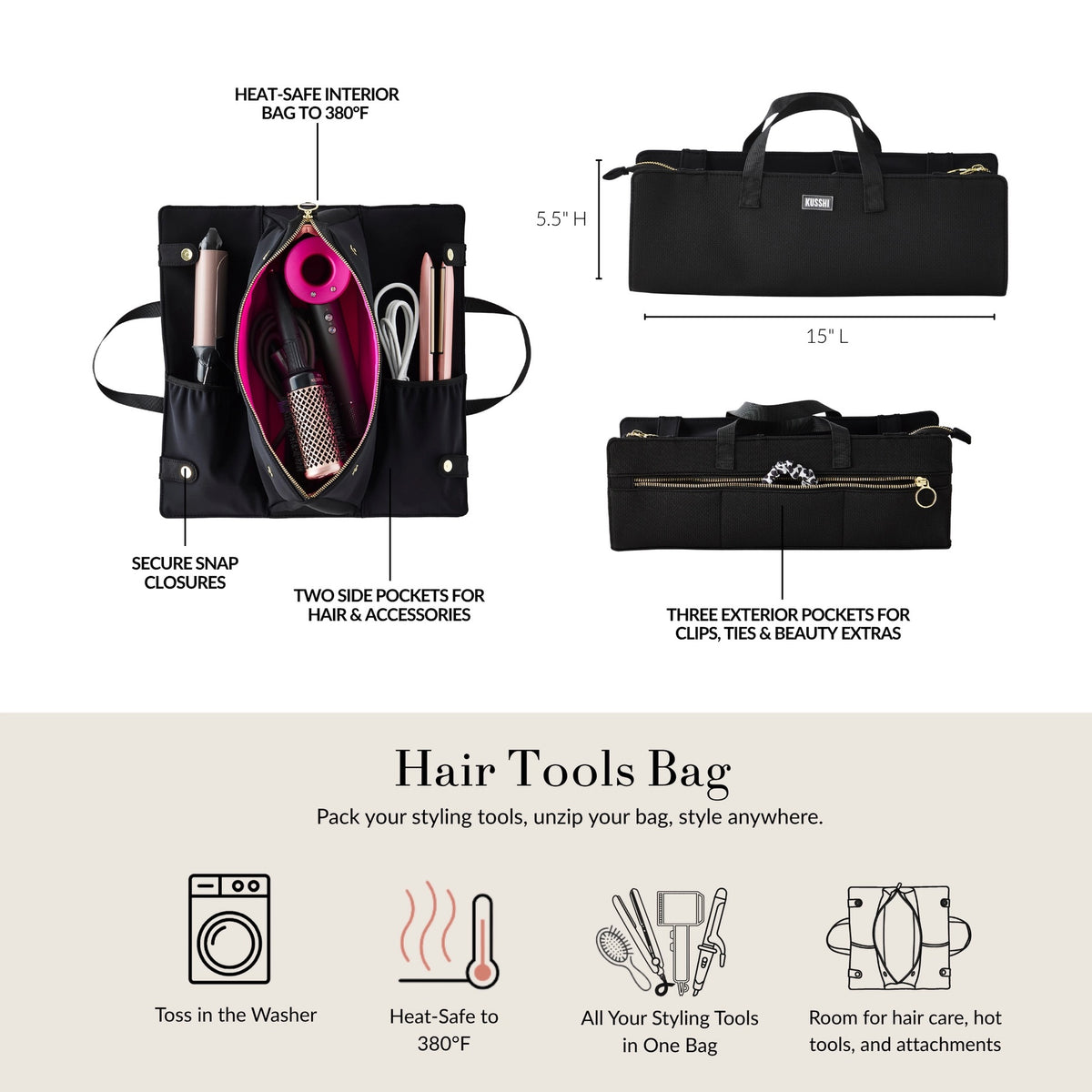 The KUSSHI - HAIR TOOLS TRAVEL BAG IN BLACK by KUSSHI is a rectangular neoprene organizer with two handles, gold zippers, and a white front label, shown against a white background.