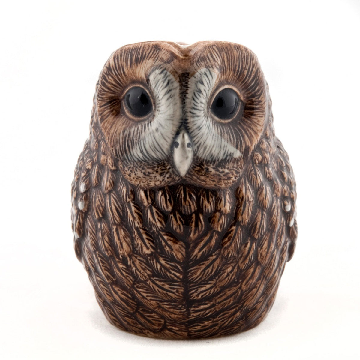 The QUAIL DESIGNS QUAIL CERAMICS - TAWNY OWL JUG LARGE is a hand-painted stoneware jug featuring realistic brown and white feather details, large dark eyes, and a rounded owl shape, shown against a plain white background.