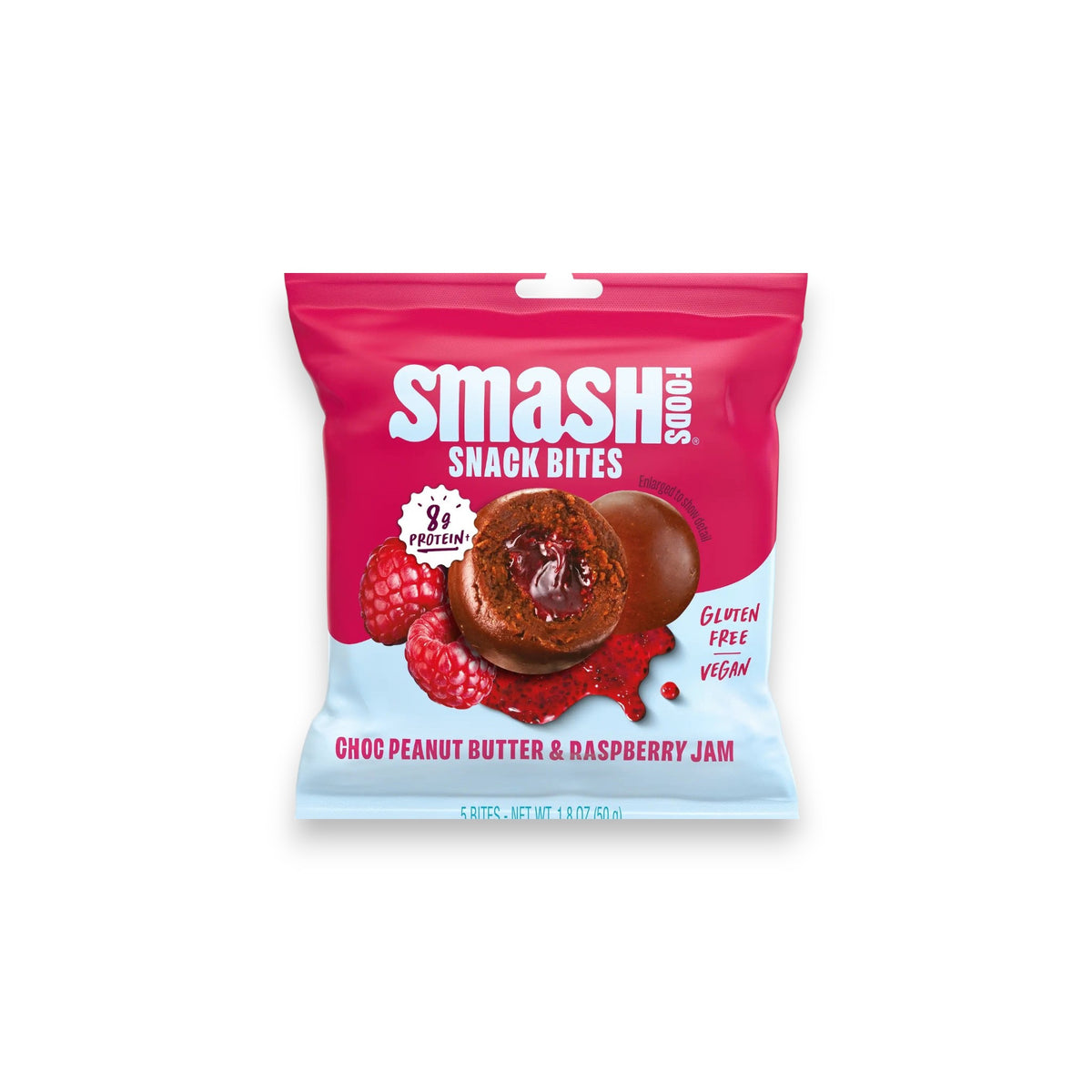 A bag of CHIA SMASH's Chocolate Peanut Butter and Raspberry Snack Bites is shown as protein-packed balls. The pink and red packaging prominently features "gluten-free" and "vegan" labels, with images of three superfood bites and raspberries on the front.