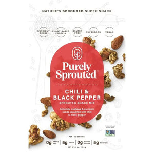 Image of a snack packaging featuring the brand "PURELY SPROUTED" and the product "CHILI & BLACK PEPPER SPROUTED SNACK MIX." Descriptions include benefits such as being nutrient-dense, plant-based, gluten-free, and vegan. The mix consists of sprouted nuts and seeds like almonds, cashews, pumpkin seeds, and various seasonings.
