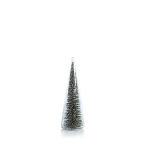 The ZODAX CLEAR GLASS DECORATIVE TREE WITH GREEN GLITTER features a small green tree with snowy accents inside a clear, cone-shaped glass cloche (3.25 in x 9.75 in), displayed against a white background.