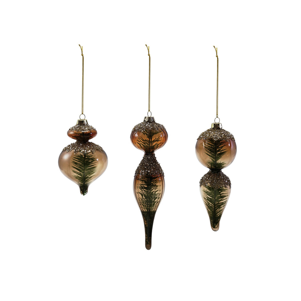The CREATIVE COOP MICA FLAKES BOTTLE BRUSH TREE ORNAMENT set includes three vintage-style glass ornaments with gold hanging strings, brown-tinted glass, elongated shapes, and green pine trees inside.