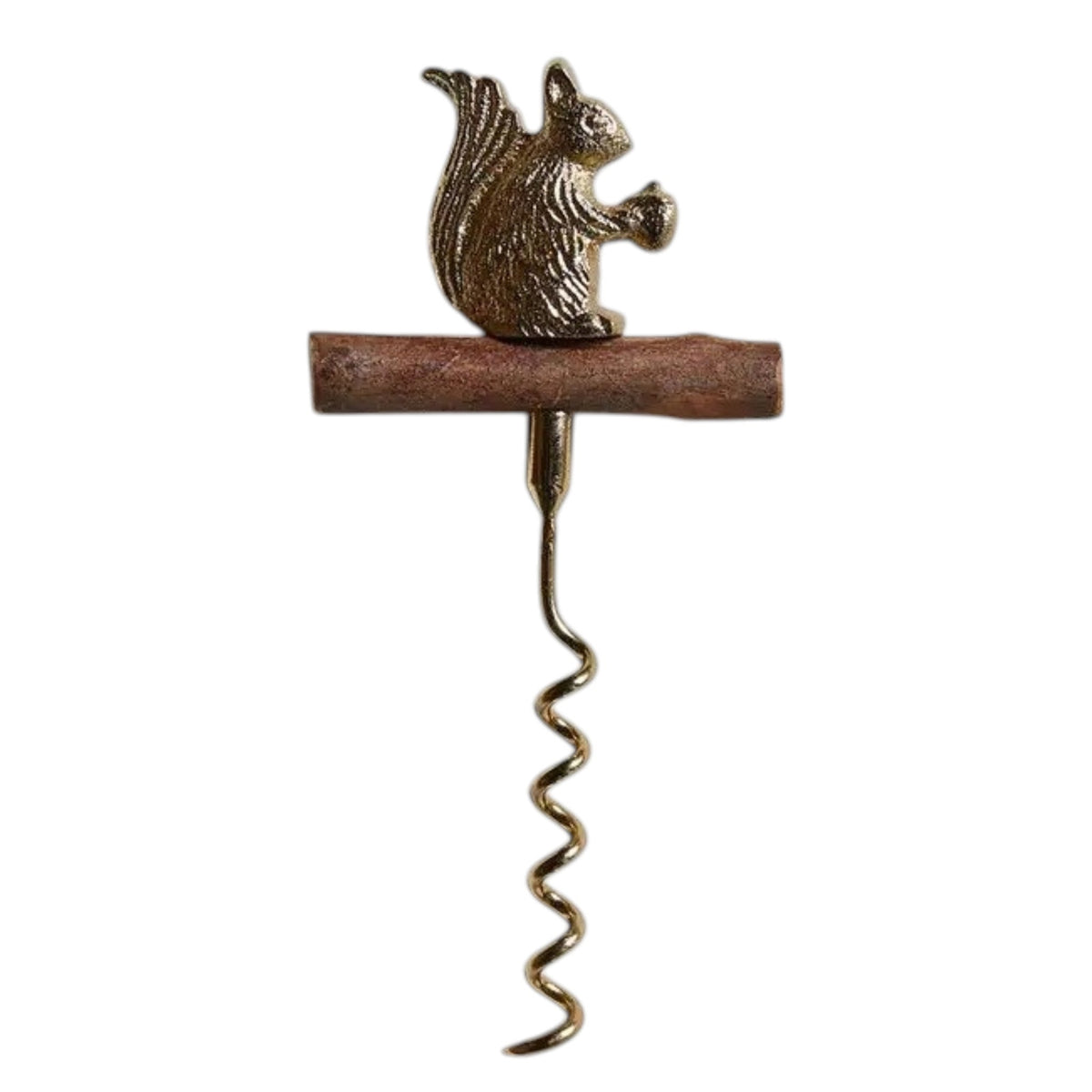 The BE HOME - SQUIRREL CORKSCREW by BE HOME, INC features a brown branch handle and a metallic squirrel with an acorn, adding woodland charm to your bar—perfect as a unique hostess gift. Shown on a light textured background.