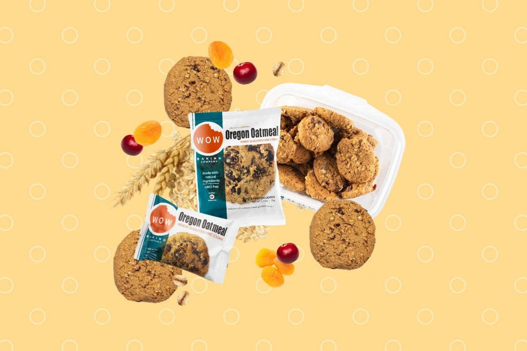 A packaged cookie labeled "WOW Baking - Gluten Free Oregon Oatmeal Cookie" from the WOW Baking Company. The packaging highlights that these bite-size cookies are wheat and gluten-free, made with natural ingredients, GMO-free, and certified gluten-free. The package weighs 2.75 oz (78g).