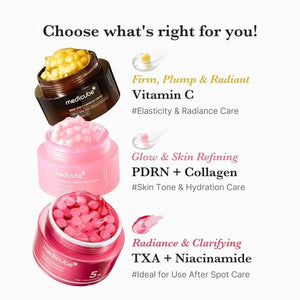 Open jar of MEDICUBE - DEEP VITA C CAPSULE CREAM, 55G by KOSMIC KBEAUTY SKINCARE on right, showing its yellow capsule cream. On the left, ingredient list highlights: Sea Buckthorn Extract, Niacinamide to help brighten skin and address uneven tone, Ascorbic Acid, Vitamins E, Q & P, and Ferulic Acid—all with skin benefits. Set against a warm yellow background.