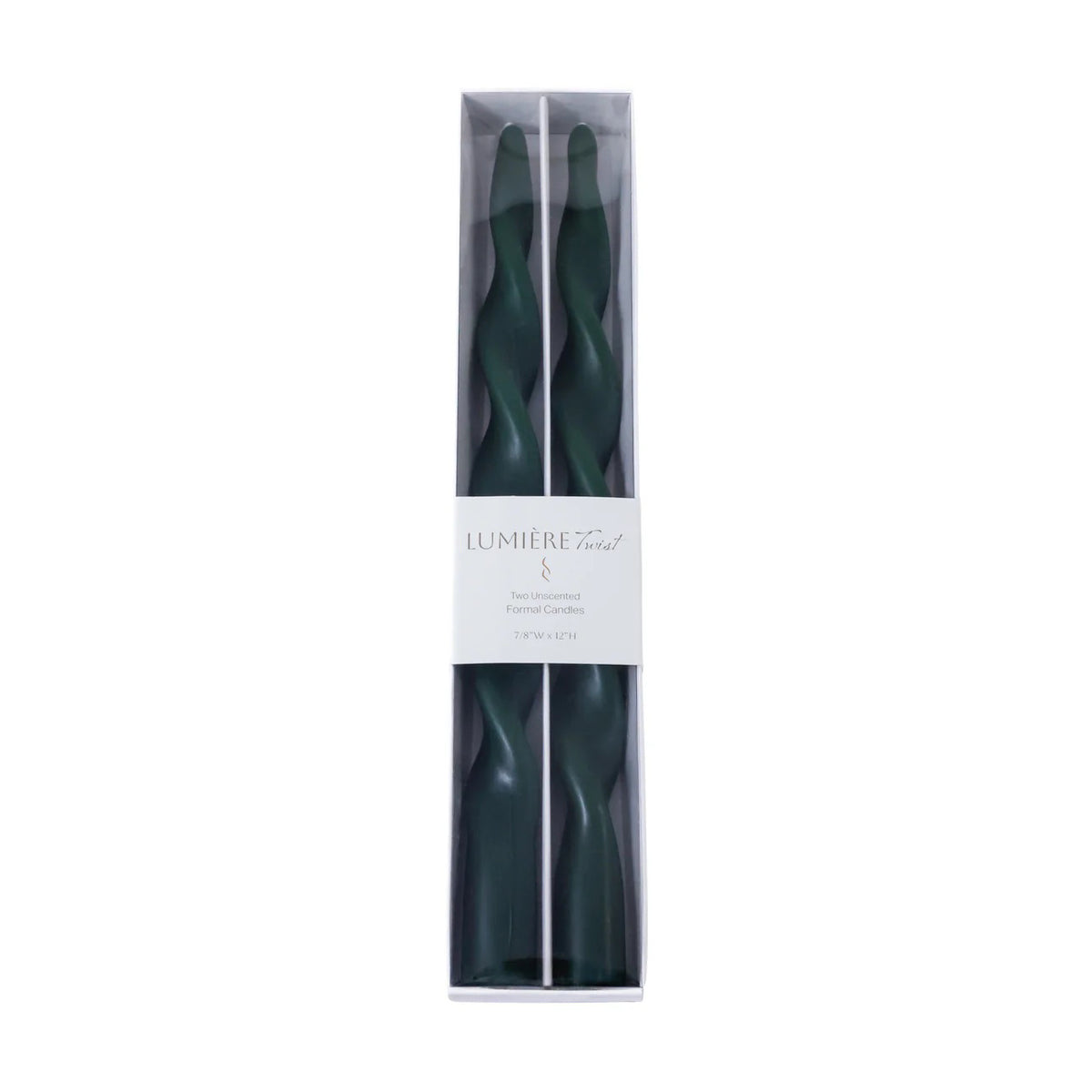 The ZODAX LUMIERE Twist Taper Candles, set of 2 in green, each measuring 0.875 in x 12 in with a 6-hour burn time, are displayed side by side on a white background.