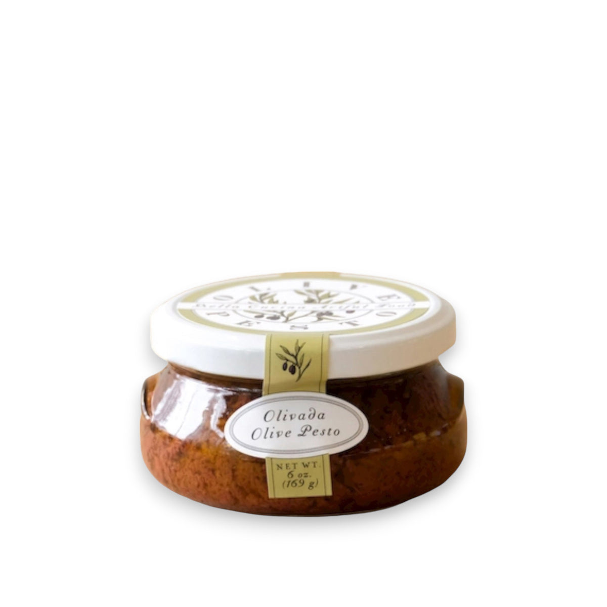 A 6-ounce (169-gram) jar labeled "BELLA CUCINA - OLIVADA OLIVE PESTO" with a white lid contains a rich, reddish-brown kalamata olive paste, ideal for pairing with grilled swordfish or adding Mediterranean flair to any meal.