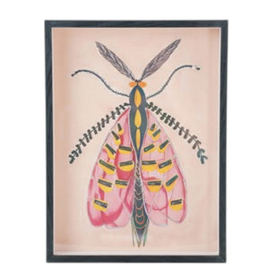The CREATIVE COOP FRAMED ACRYLIC WALL ART, MOTHS features a vibrant moth with red and yellow wings, a yellow segmented body, and feathery antennae on a light background—ideal for botanical-themed décor.