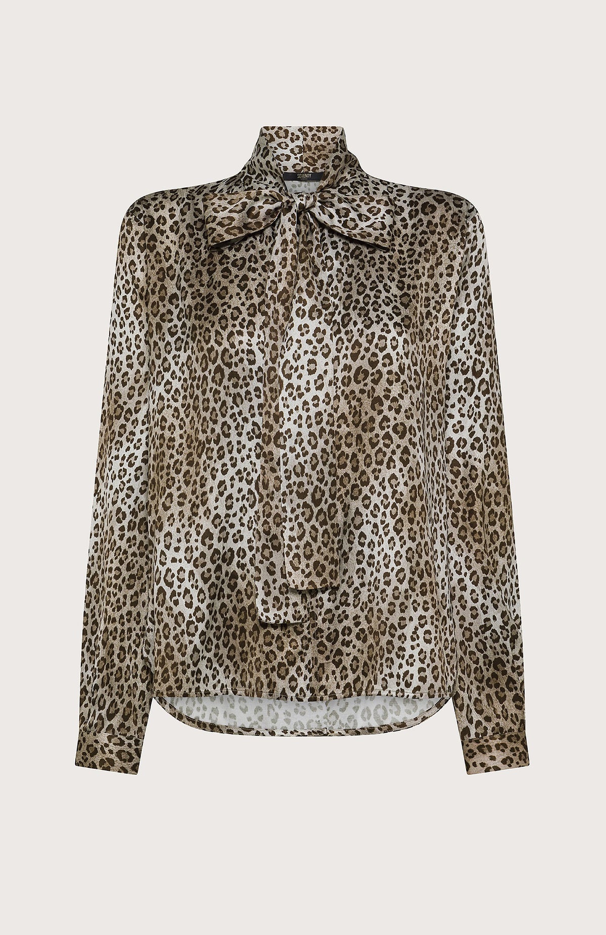 The SEVENTY VENEZIA Leopard Print Tie Neck Blouse by SEVENTY is a long-sleeve Italian viscose top with a bold leopard print and large bow tie collar, shown on a plain white background.