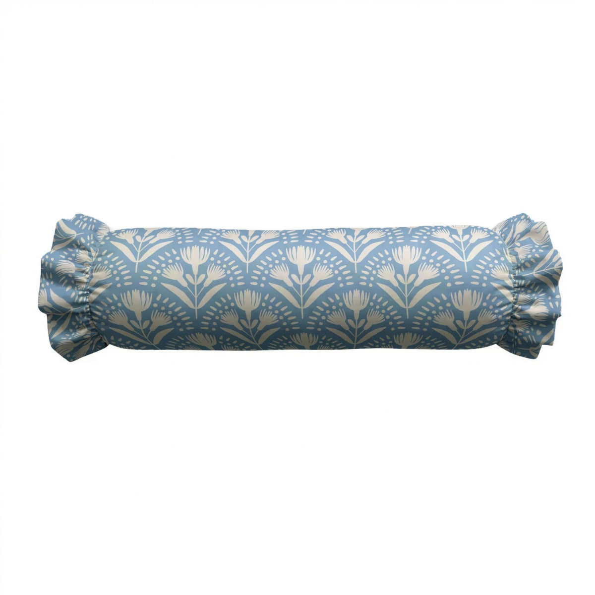 A close-up of the LOOM AND CLOTH - SERENA RUFFLED BOLSTER PILLOW by LOOM & CLOTH showcases a vintage-chic, blue cotton pillow featuring a delicate white floral pattern and ruffled edge, set against a white background.