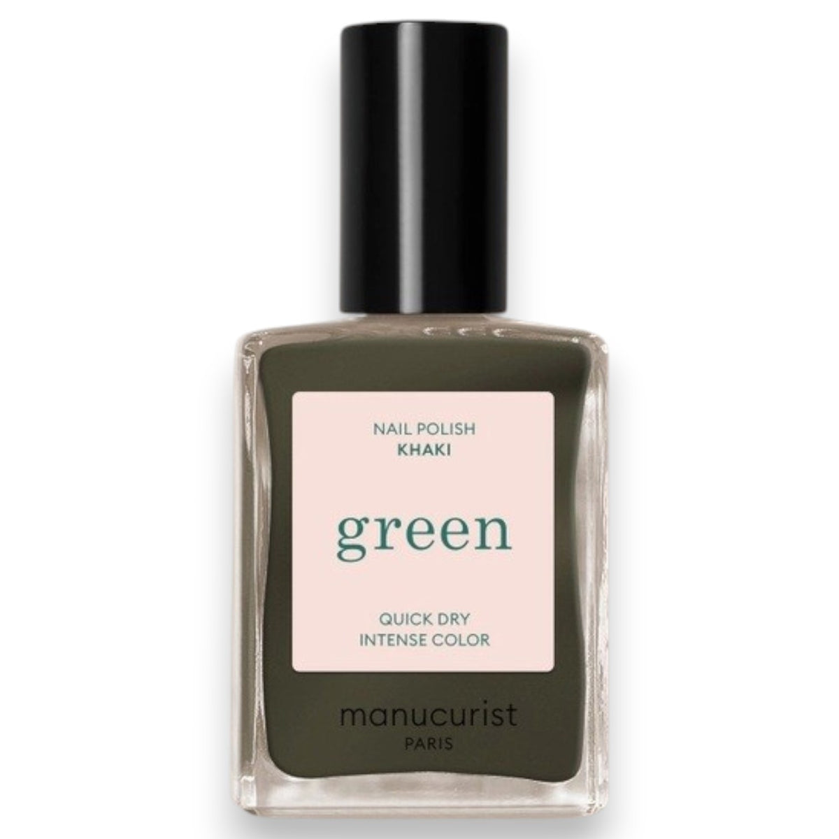 A hand with neatly manicured nails, painted in MANUCURIST - GREEN™ Nail Polish in Khaki by MANUCURIST INC, rests on a light beige fabric surface.