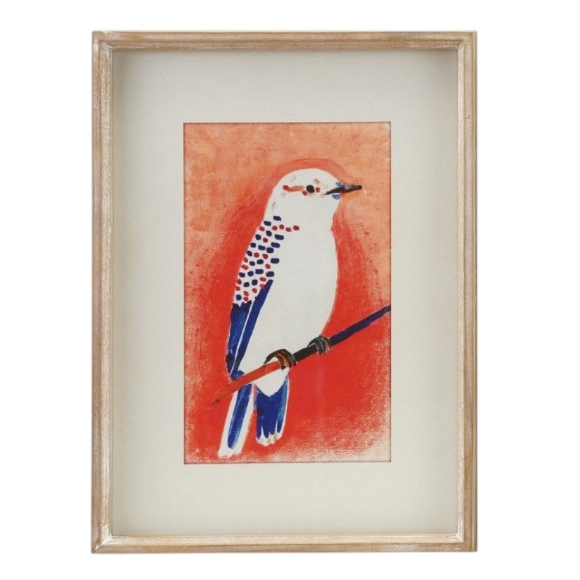 The FRAMED WALL ART FEATURING BIRDS by CREATIVE COOP showcases two rustic wooden-framed pieces: a white bird with red and blue spots on red, and a blue and beige bird on purple—colorful décor perfect for any space.