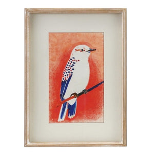 The FRAMED WALL ART FEATURING BIRDS by CREATIVE COOP showcases two rustic wooden-framed pieces: a white bird with red and blue spots on red, and a blue and beige bird on purple—colorful décor perfect for any space.