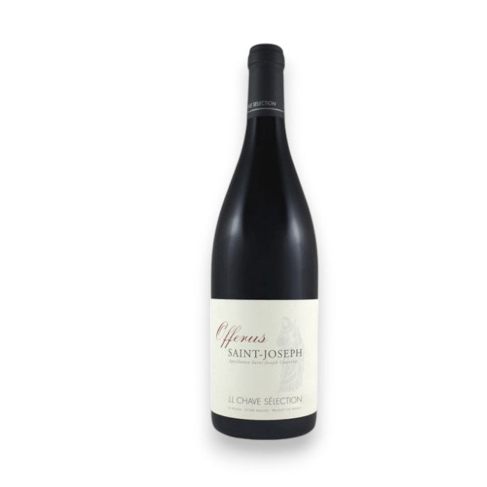 A bottle of J.L. CHAVE 'OFFERUS' SAINT-JOSEPH 2023 by WINE: ADVINTAGE features a distinguished white label with black text and a subtle illustration, elegantly capturing the essence of Syrah against a plain white backdrop.