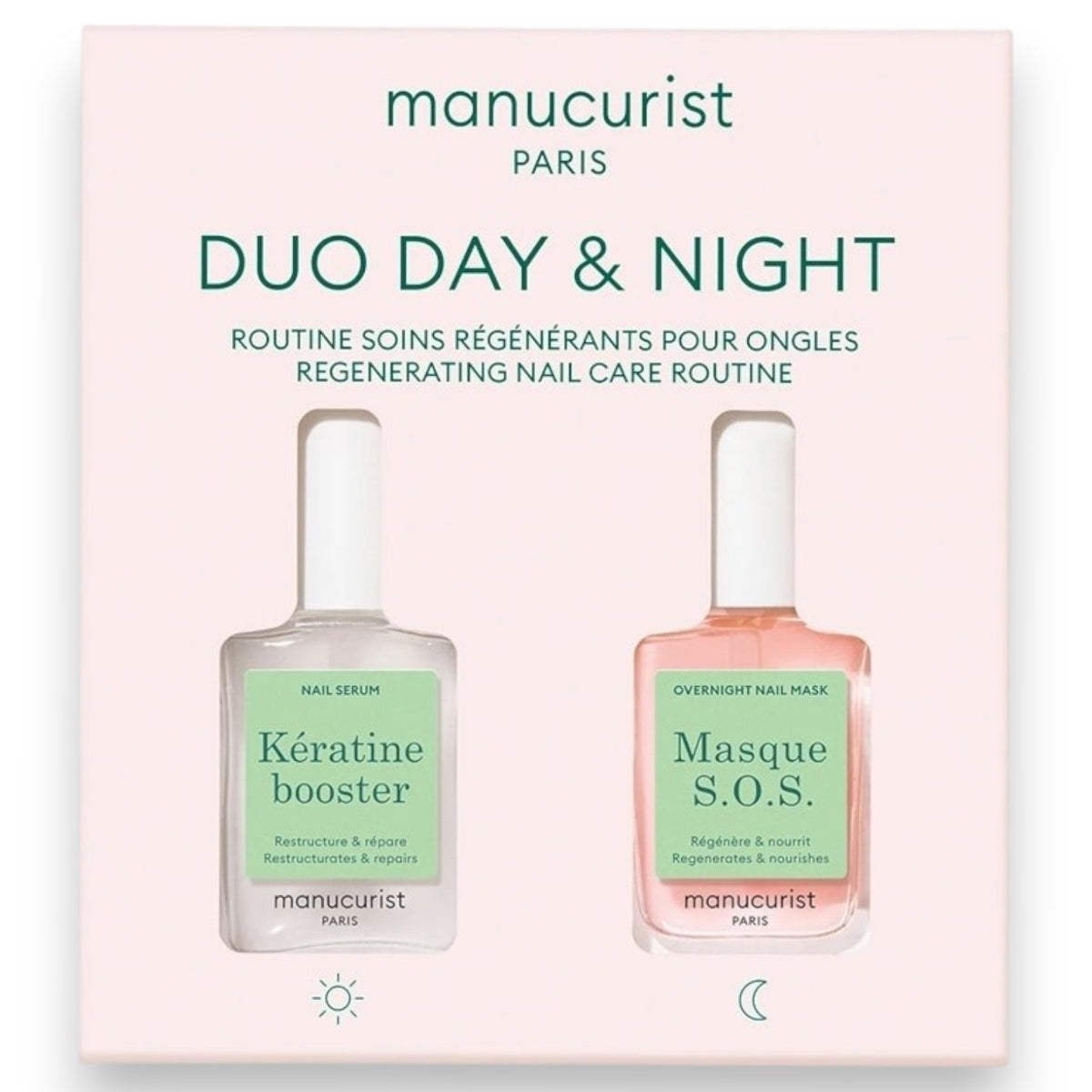 The MANUCURIST - DAY AND NIGHT DUO from MANUCURIST INC includes two nail care bottles, “Kératine booster” and “Masque S.O.S.,” designed for day and night use. This set offers a nourishing keratin serum to strengthen nails and a restorative mask for intensive care, all packaged in a light pink box with green and peach accents.