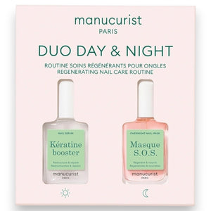 The MANUCURIST - DAY AND NIGHT DUO from MANUCURIST INC includes two nail care bottles, “Kératine booster” and “Masque S.O.S.,” designed for day and night use. This set offers a nourishing keratin serum to strengthen nails and a restorative mask for intensive care, all packaged in a light pink box with green and peach accents.