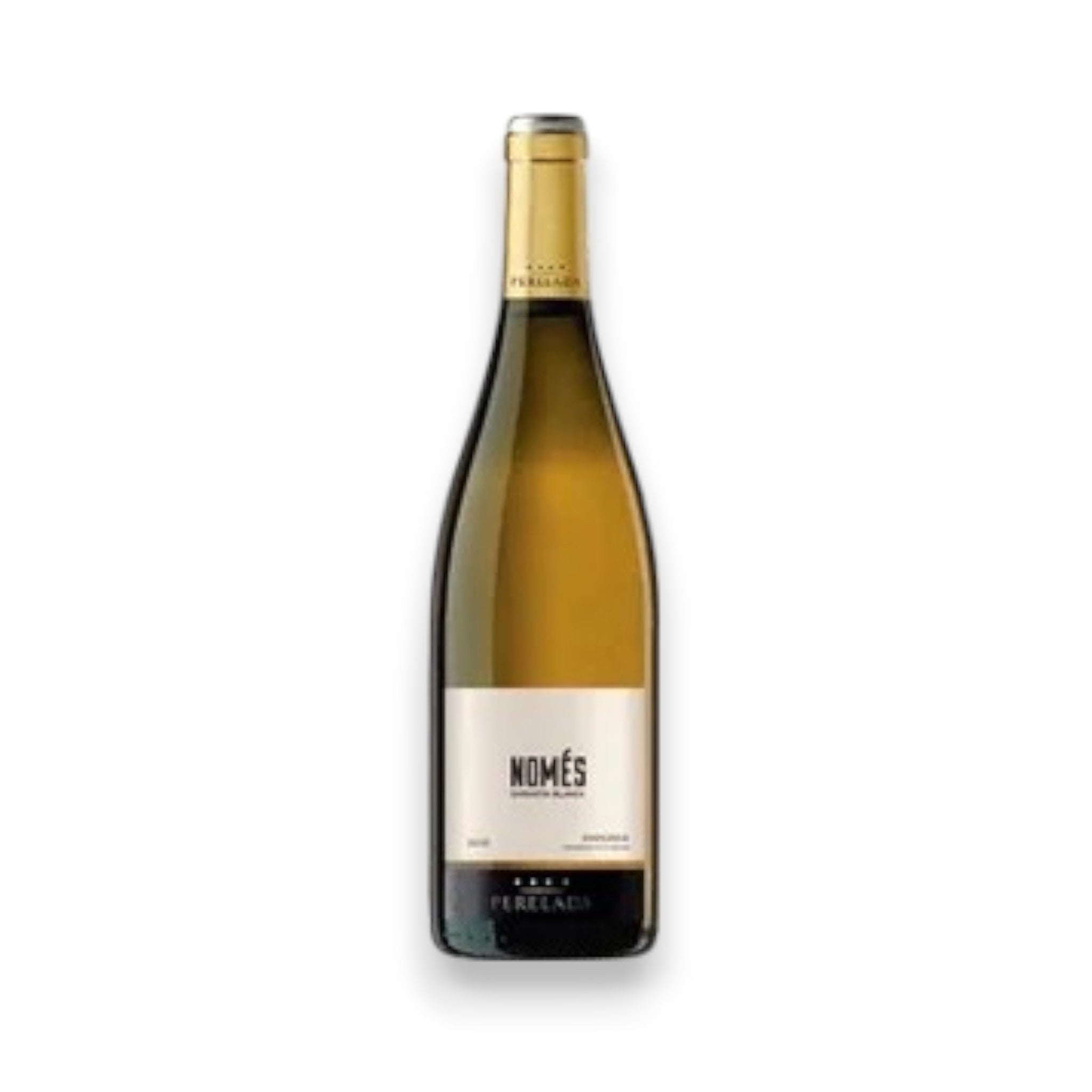 A bottle of PERELADA NOMES GRENACHE BLANC 2024 by WINE: JOHNSON BROS./MUTUAL/EPIPHANY, with a gold foil cap and white label, stands upright on a white background, suggesting citrus and delicate floral notes.