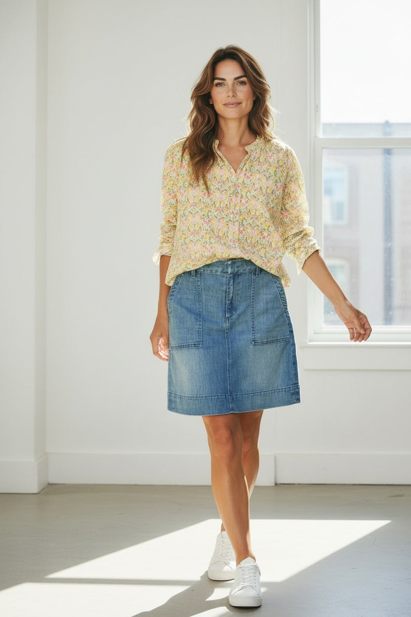 Wearing a floral long-sleeve shirt tucked into the FRANK &amp; EILEEN Jameson Utility Skirt in Italian Dream Light Denim 1968 Wash and carrying a beige woven tote, a person strolls outside on a sunlit path with greenery in the background.