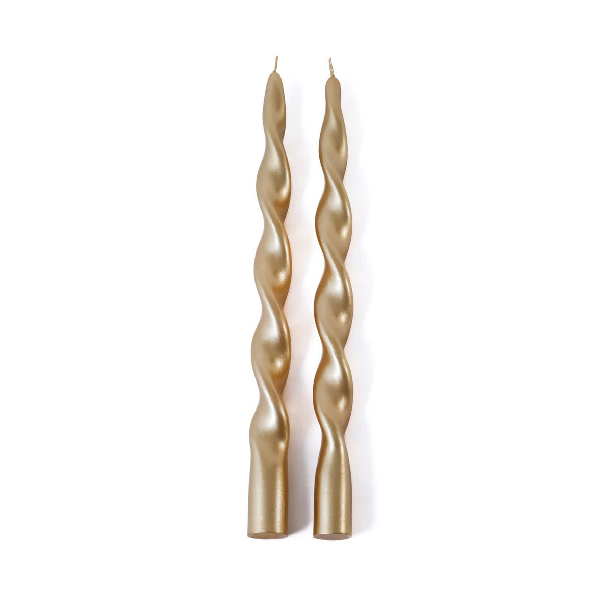 The ZODAX LUMIERE Twist Taper Candles, Set of Two in Gold Metallic, stand 12&quot; tall with an elegant twisted design and up to 6 hours burn time—perfect for special occasions and displayed side by side against a white backdrop.