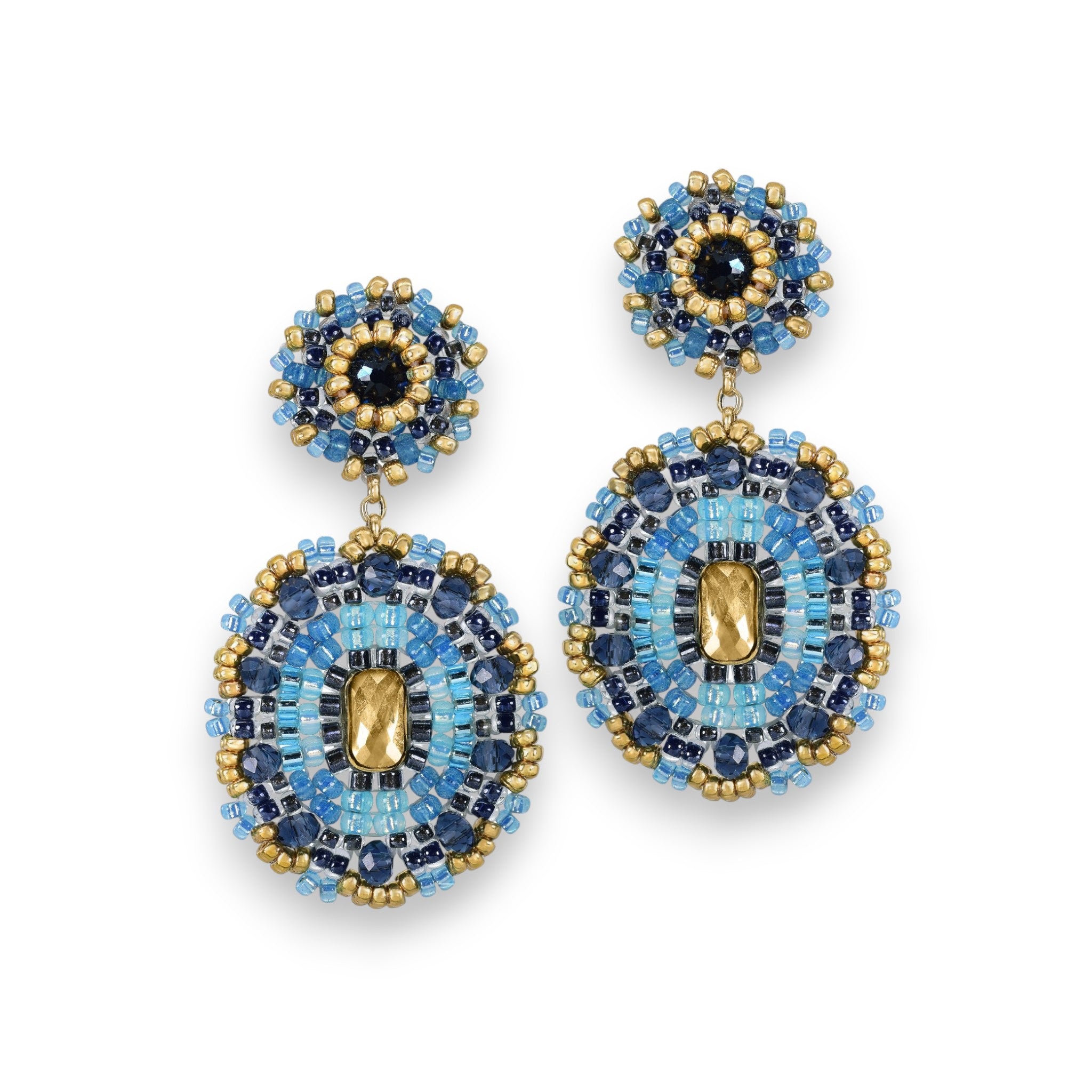 These MIGUEL ASES - MIYUKE GLASS BEAD DROP EARRINGS by MIGUEL ASES, INC. feature a stunning mix of blue and gold beads with reflective stones, a circular floral design, and larger oval drops for an intricate layered look using Miyuki crystal beads.