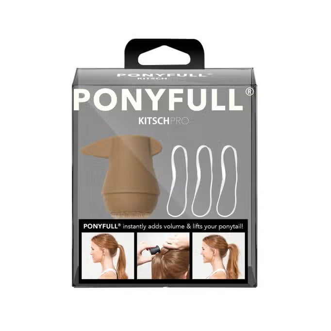 The "KITSCH - PONYFULL" package from KITSCH includes a hair volumizing styling tool and three elastics, with diagrams showing how to enhance ponytail volume for a stylish appearance.