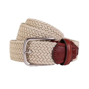The WIGENS - SIGNATURE WOVEN BELT IN SAND features a beige stretch weave, silver buckle, and brown leather accents—an essential men’s accessory from WIGENS.
