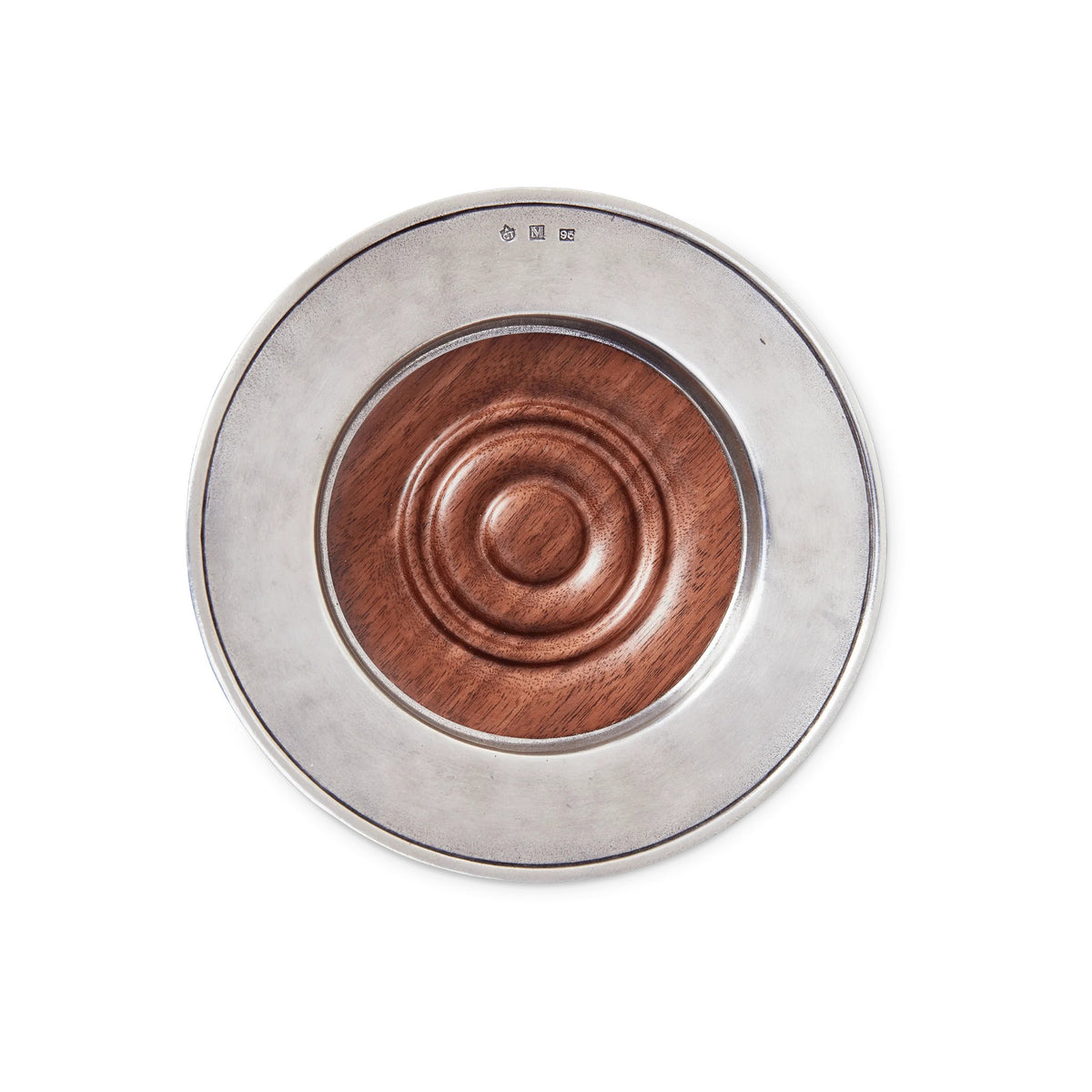 The MATCH - CONVIVIO BOTTLE COASTER WITH WOOD INSERT by MATCH features a round pewter rim and a raised wooden center with concentric circles, shown against a white background.