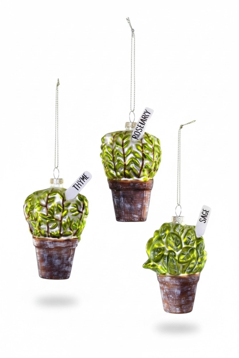 Three POTTED HERBS ORNAMENT glass decorations shaped like potted herbs, labeled “Thyme,” “Rosemary,” and “Sage.”