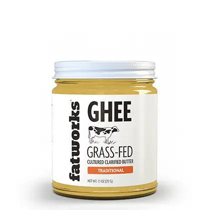 A 7.5-ounce (212-gram) jar of Fatworks brand Organic Cultured Ghee. The label reads &quot;Organic Cultured Clarified Butter&quot; and &quot;Traditional.&quot; The jar features a white lid along with a design that includes an illustration of a cow and a red banner, making it keto and paleo friendly.