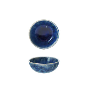 The CREATIVE COOP STONEWARE DISH IN BLUE REACTIVE CRACKLE GLAZE features two glossy, crackle-glazed bowls—one upright, one inverted—against a white backdrop; perfect as a rustic jewelry holder or serving piece.