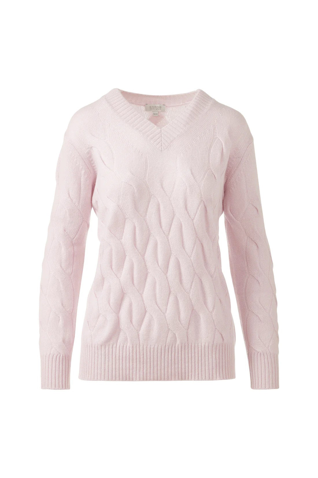 The KINROSS Cashmere Long Cable Vee Neck Sweater in dark green features a textured cable knit, ribbed cuffs and hem, and is crafted from 100% cashmere. Displayed on a plain white background, this luxury knitwear epitomizes elegance.