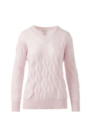 The KINROSS Cashmere Long Cable Vee Neck Sweater in dark green features a textured cable knit, ribbed cuffs and hem, and is crafted from 100% cashmere. Displayed on a plain white background, this luxury knitwear epitomizes elegance.