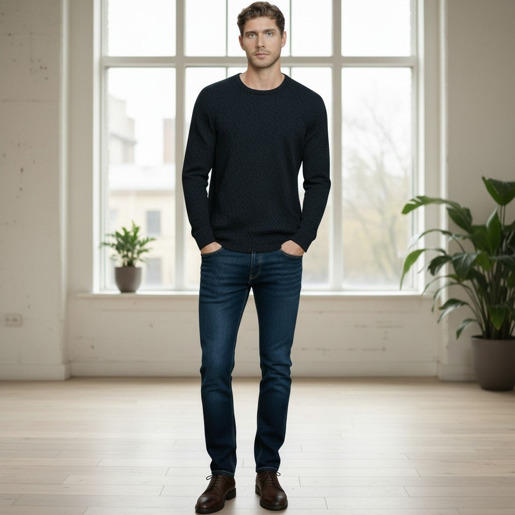 A man with short brown hair stands with his hands in his pockets against a white background, wearing the AUTUMN CASHMERE - Cashmere Basic Crew Neck with Rib Bottom in Midnight and blue jeans.