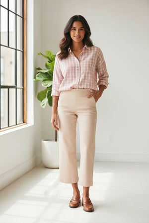 The FRANK & EILEEN WESTPORT Illusion Wide Leg Pull-On Pant in Champagne Glitter features a wide-leg, straight-cut design with a contour waistband, laid flat on a white background and free of visible pockets or embellishments.