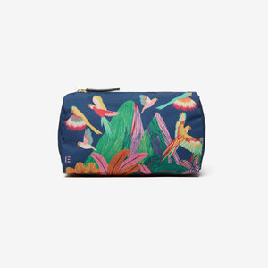 INOUI's vibrant RIO Nylon Case features a parrot and tropical plant illustration on dark blue. Ideal for travel, it includes a secure top zipper closure.