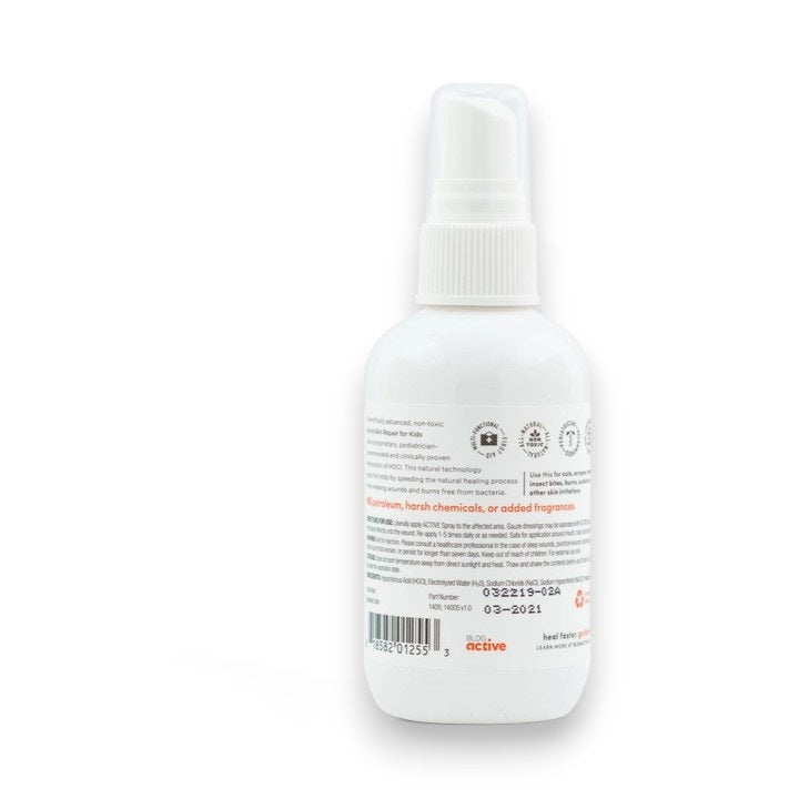 A yellow and white spray bottle labeled &quot;ACTIVE SKIN REPAIR - KIDS SPRAY&quot; is placed next to its matching box. This pediatrician-recommended, medical-grade spray from ACTIVE SKIN REPAIR kills 99.9% of bacteria, is sting-free, promotes natural healing, and serves as a non-toxic first aid spray for effective kids&#39; skincare.