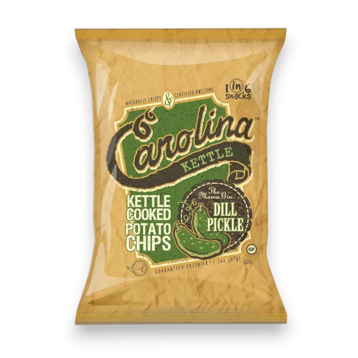 A 5oz bag of CAROLINA KETTLE - DILL PICKLE CHIPS by 1 IN 6 SNACKS comes in tan packaging with green accents and a pickle illustration, emphasizing the bold, tangy flavor of these kettle-cooked potato chips.