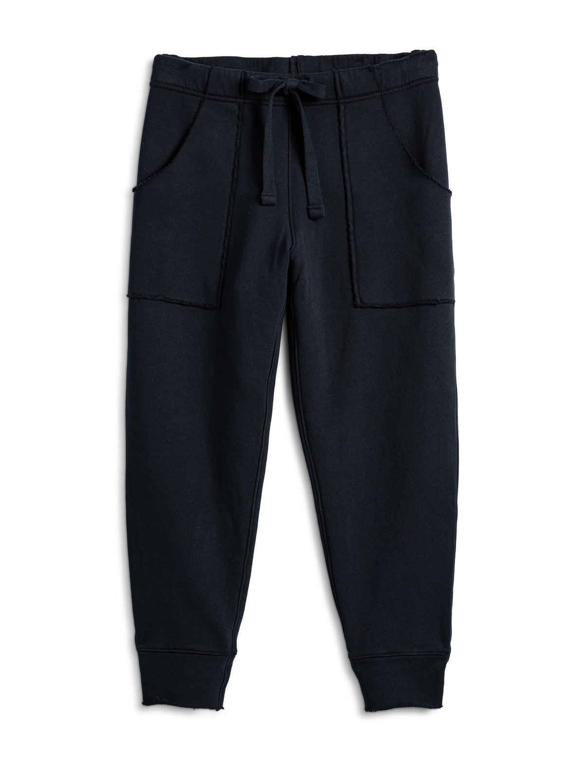 The FRANK &amp; EILEEN Eamon Jogger Sweatpant in British Royal Navy features a stylish drawstring waistband, noticeable stitching on the two sizable front pockets, and fitted cuffs at the ankles. Constructed from 100% cotton, these sweatpants offer a soft and comfortable fabric that is perfect for both casual and athletic wear.