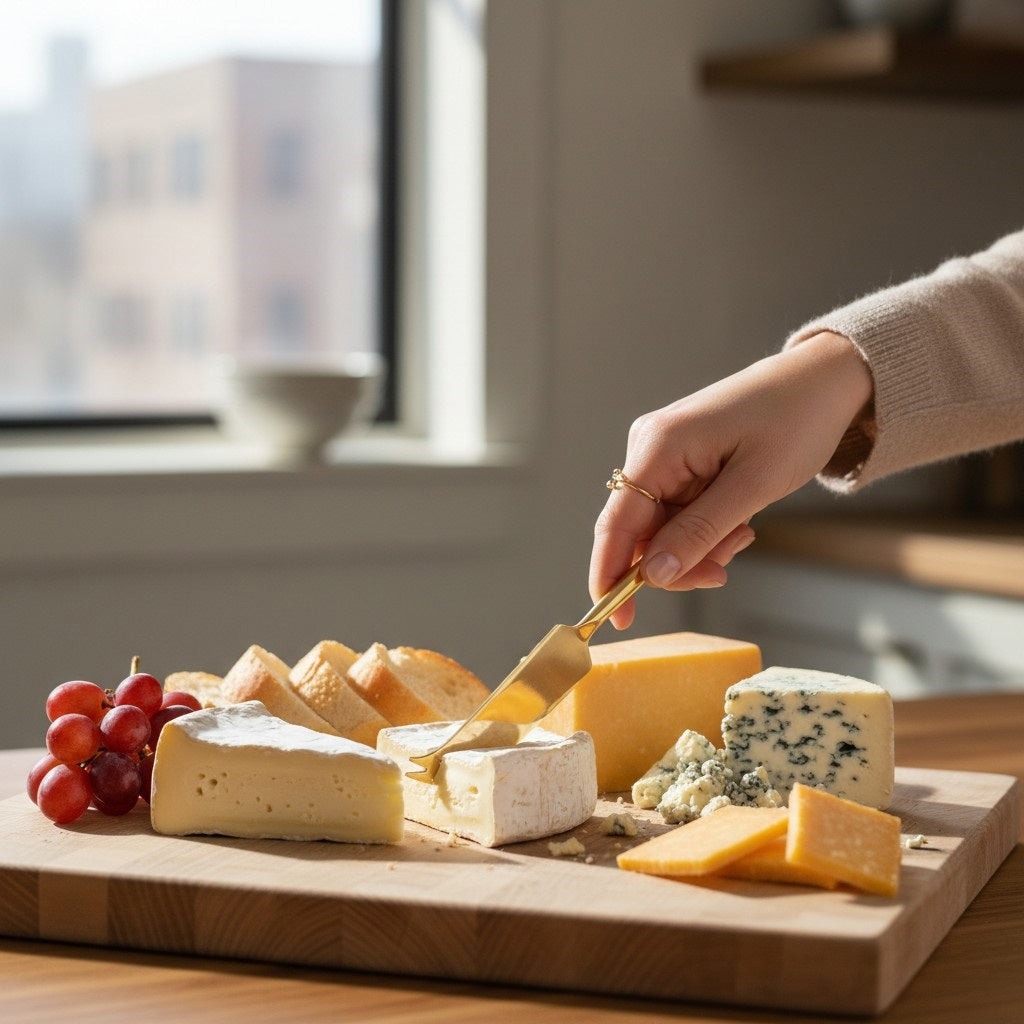 The BE HOME - MATTE GOLD CHEESE KNIFE by BE HOME, INC features a curved blade and two-pronged tip, ideal for charcuterie boards. Shown isolated on a white background.