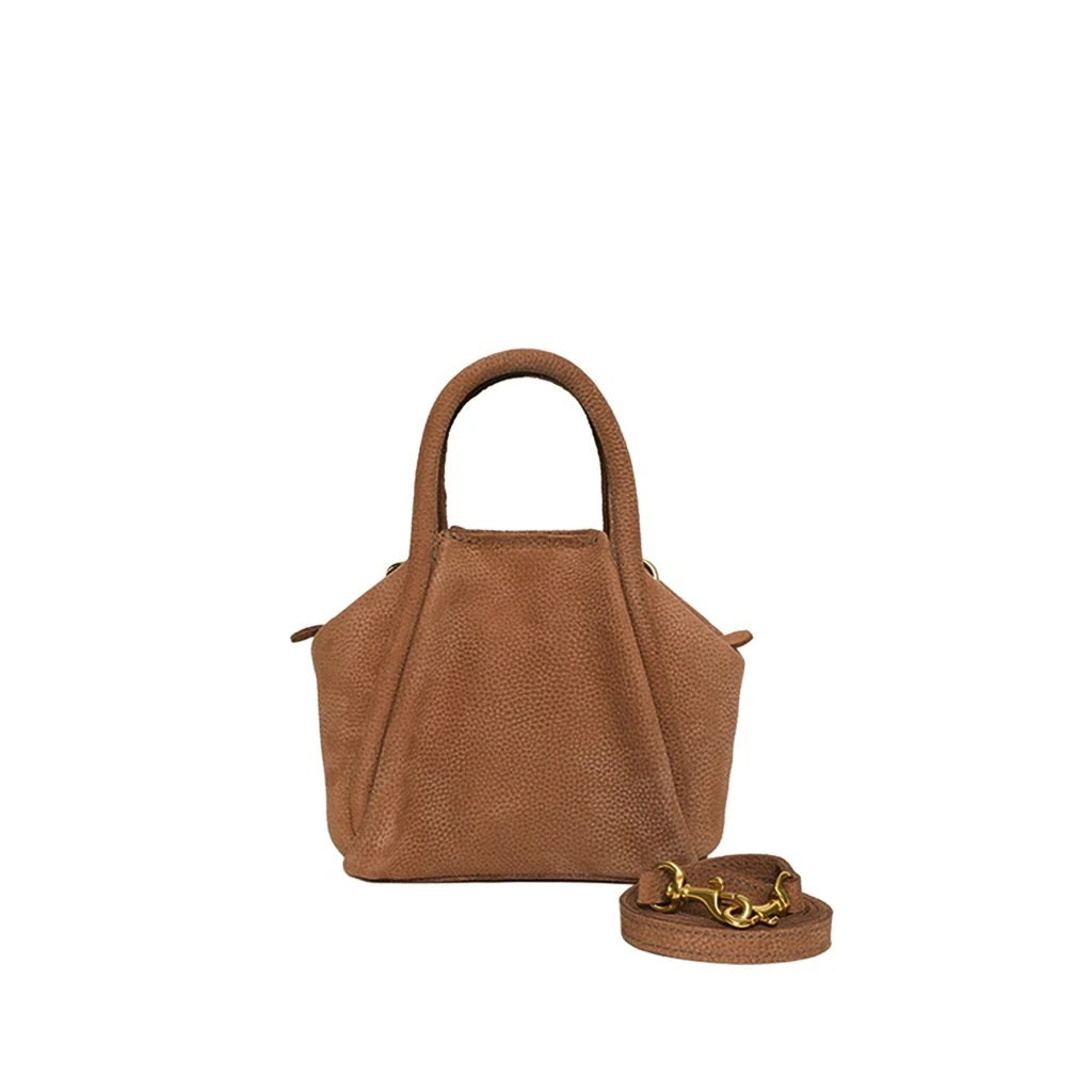 Small brown structured OLIVEVE Mini Taya Top Handle Crossbody in brandy nubuck, featuring a top handle, detachable strap, and gold-tone hardware.