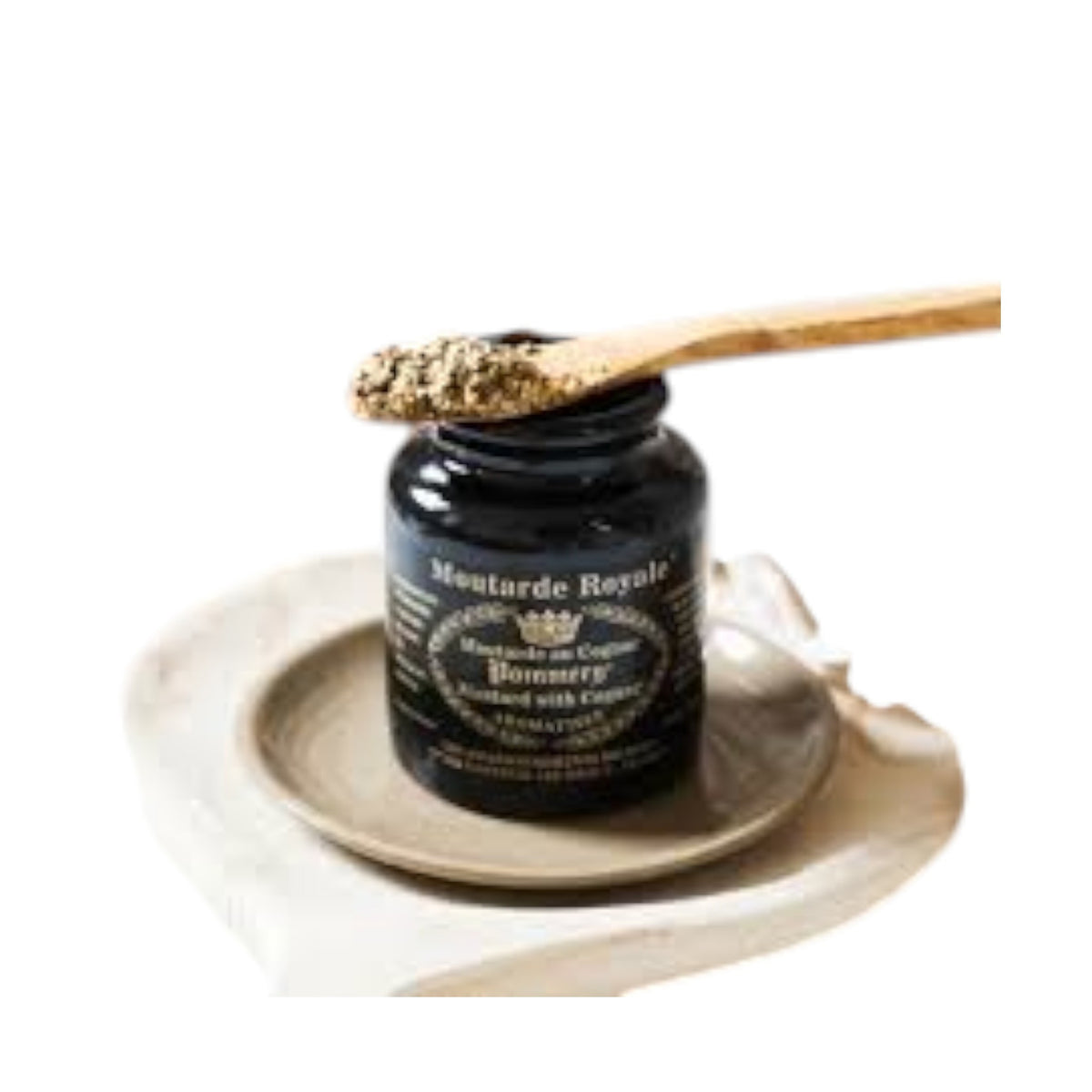 A black ceramic jar with gold text and designs, labeled “FRENCH ROYAL MUSTARD WITH COGNAC” by FRENCH FEAST, features a crown and laurel wreath. This elegant jar holds authentic mustard, sealed with gold wax on the lid.
