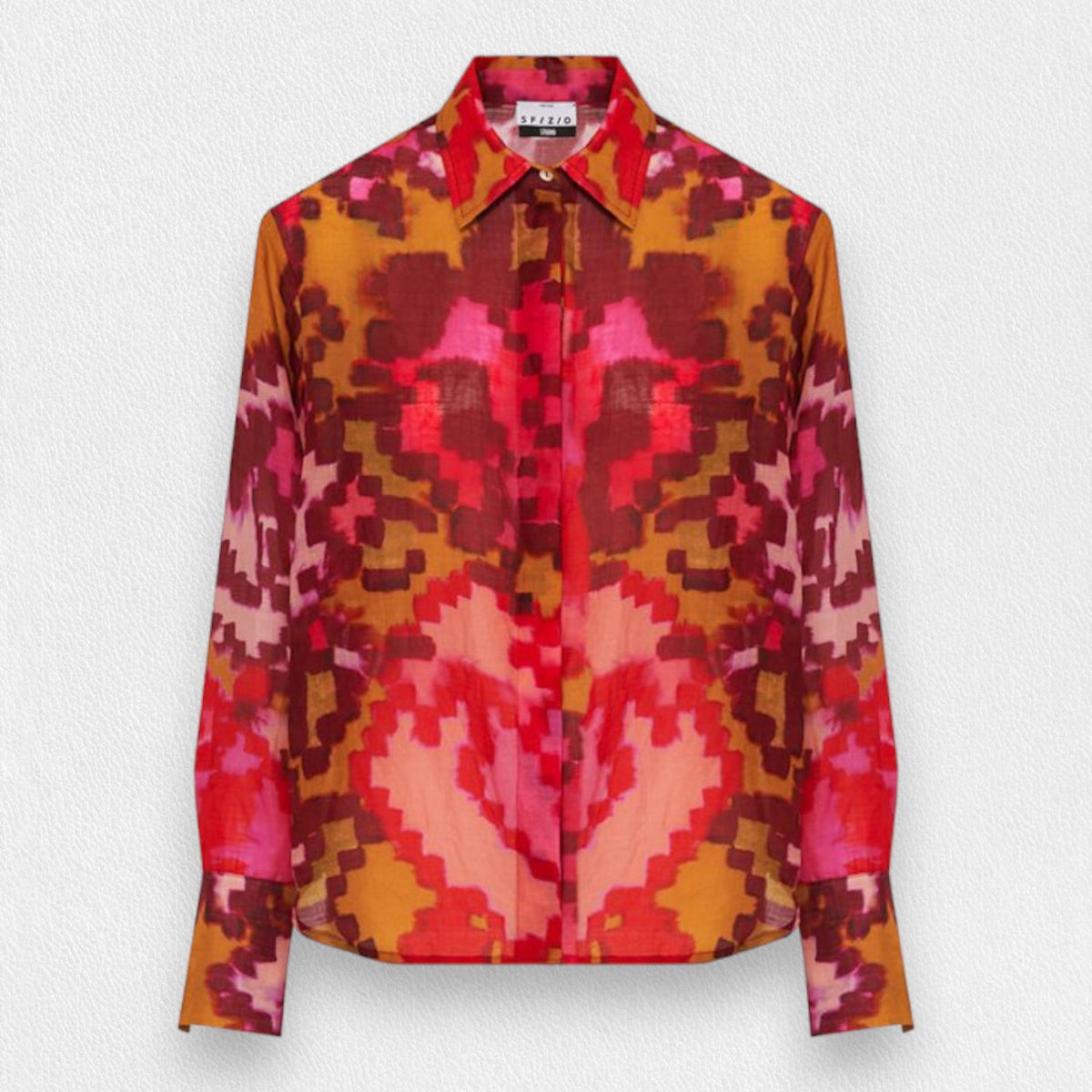 The SFIZIO - CANCUN RAMIE SHIRT by SFIZIO is a long-sleeve button-up shirt showcasing a vibrant, abstract pattern in shades of red, pink, orange, and brown. This printed ramie shirt features a collar and has a label near the neckline, set against a plain white background.
